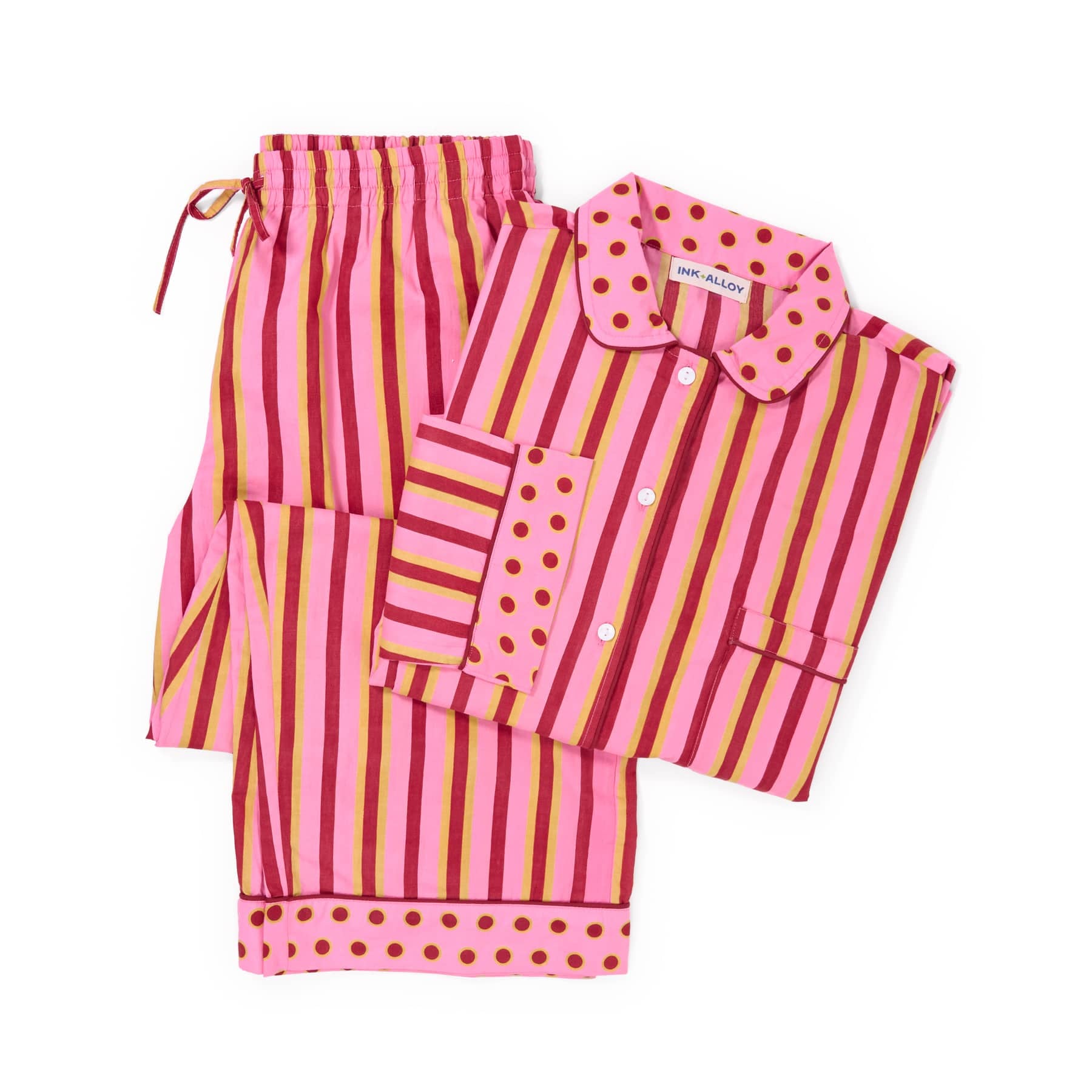 Bonnie Pajama Set Camel + Pink Stripes with Dot Trim Pajamas