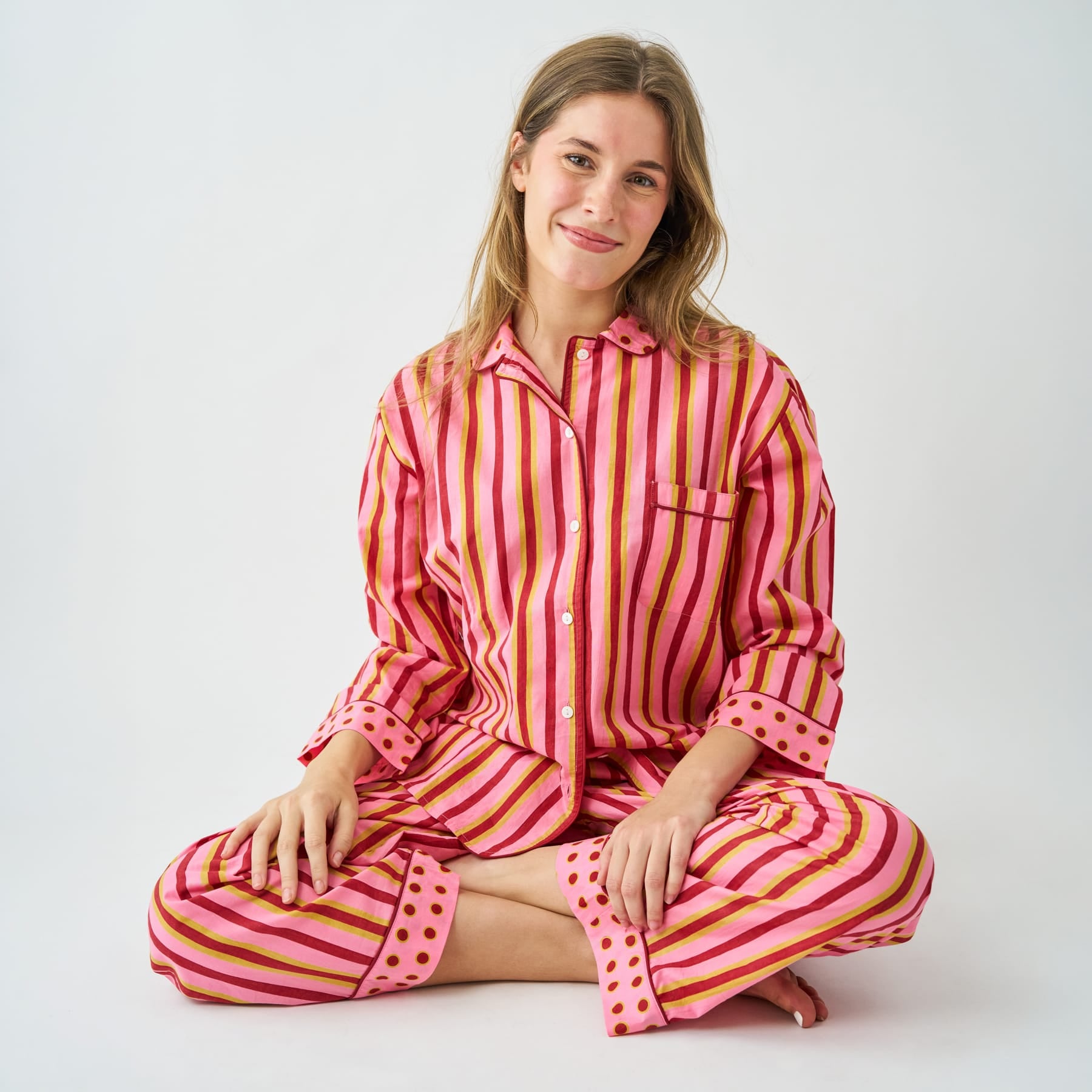 Bonnie Pajama Set Camel + Pink Stripes with Dot Trim Size Small Pajamas