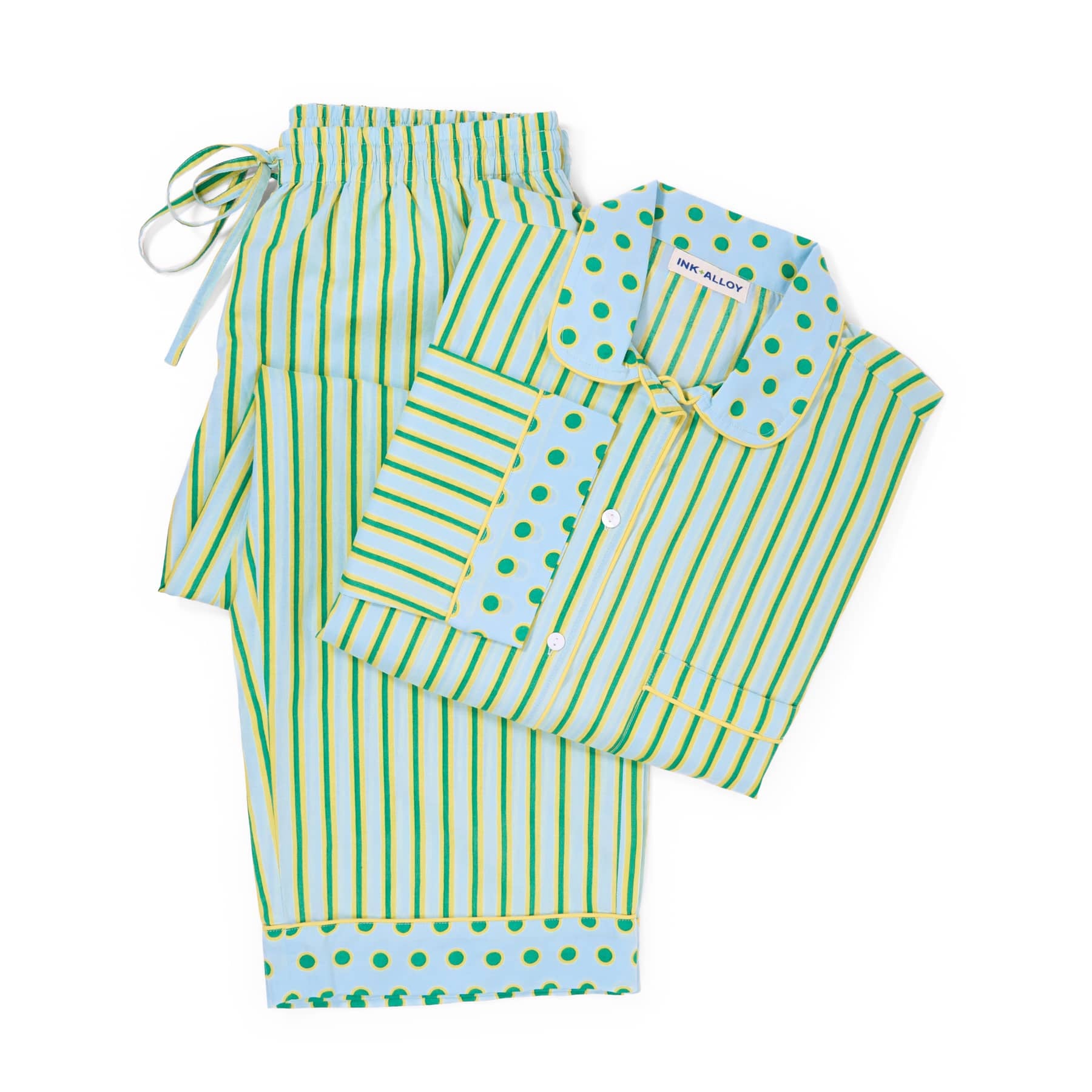 Bonnie Pajama Set Light Blue + Citron Stripes with Dot Trim Pajamas