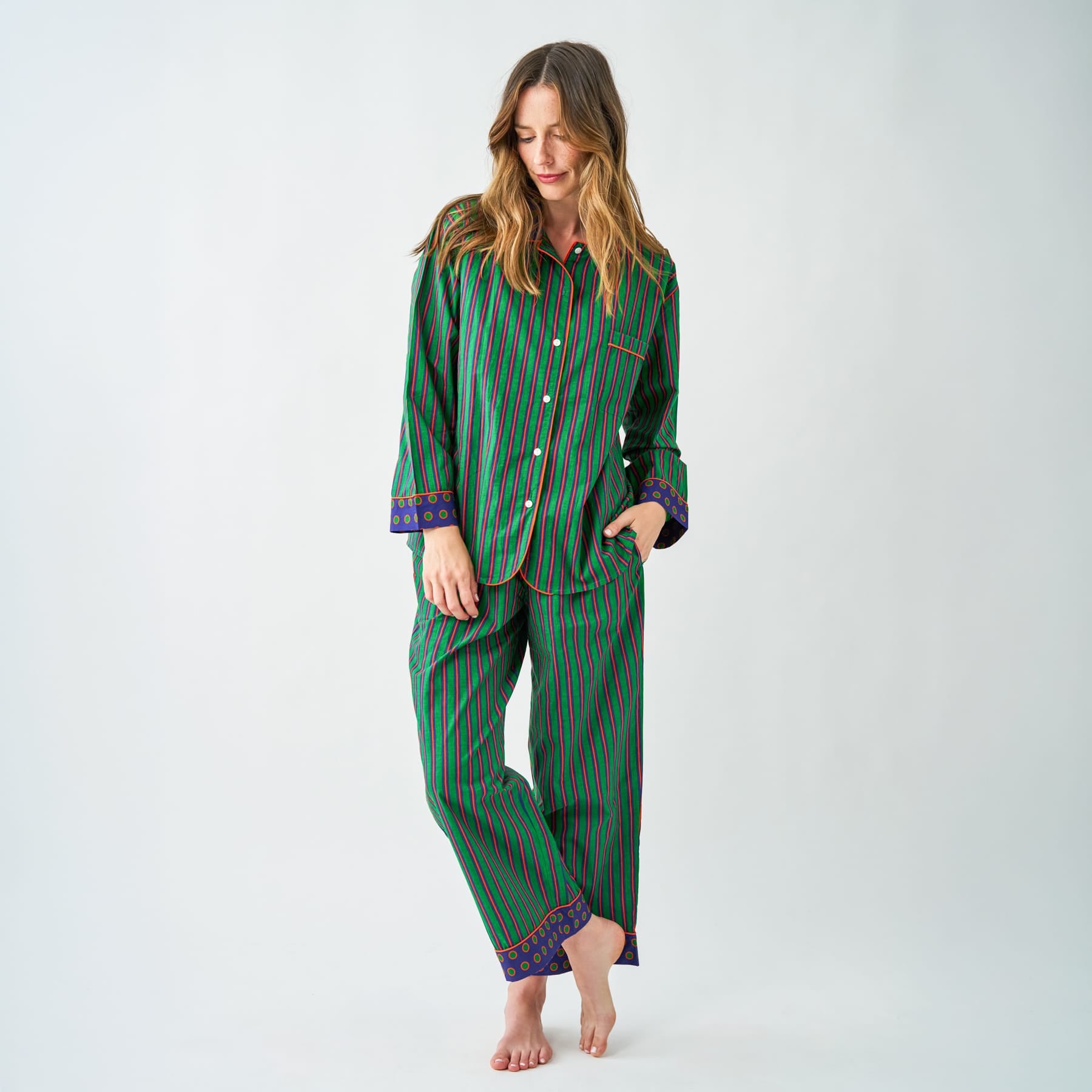 Bonnie Pajama Set Navy + Green Stripes with Dot Trim Size Small Pajamas