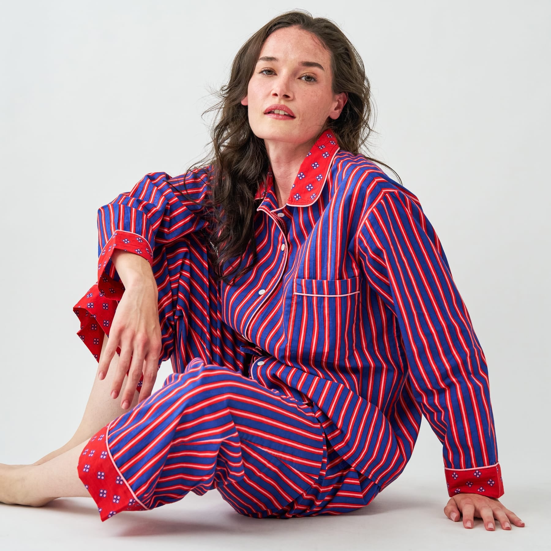 Bonnie Pajama Set Navy + Red Stripes with Dot Trim Size Small Pajamas