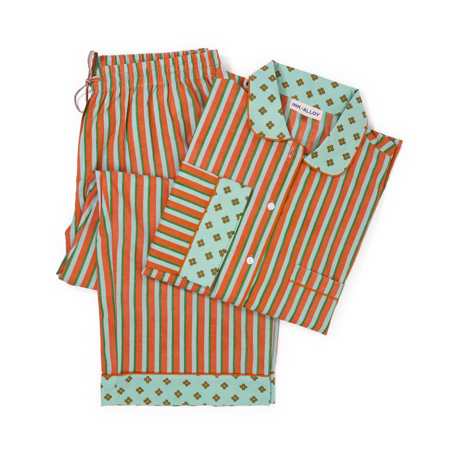 Bonnie Pajama Set Sage + Rust Stripes with Dot Trim Pajamas
