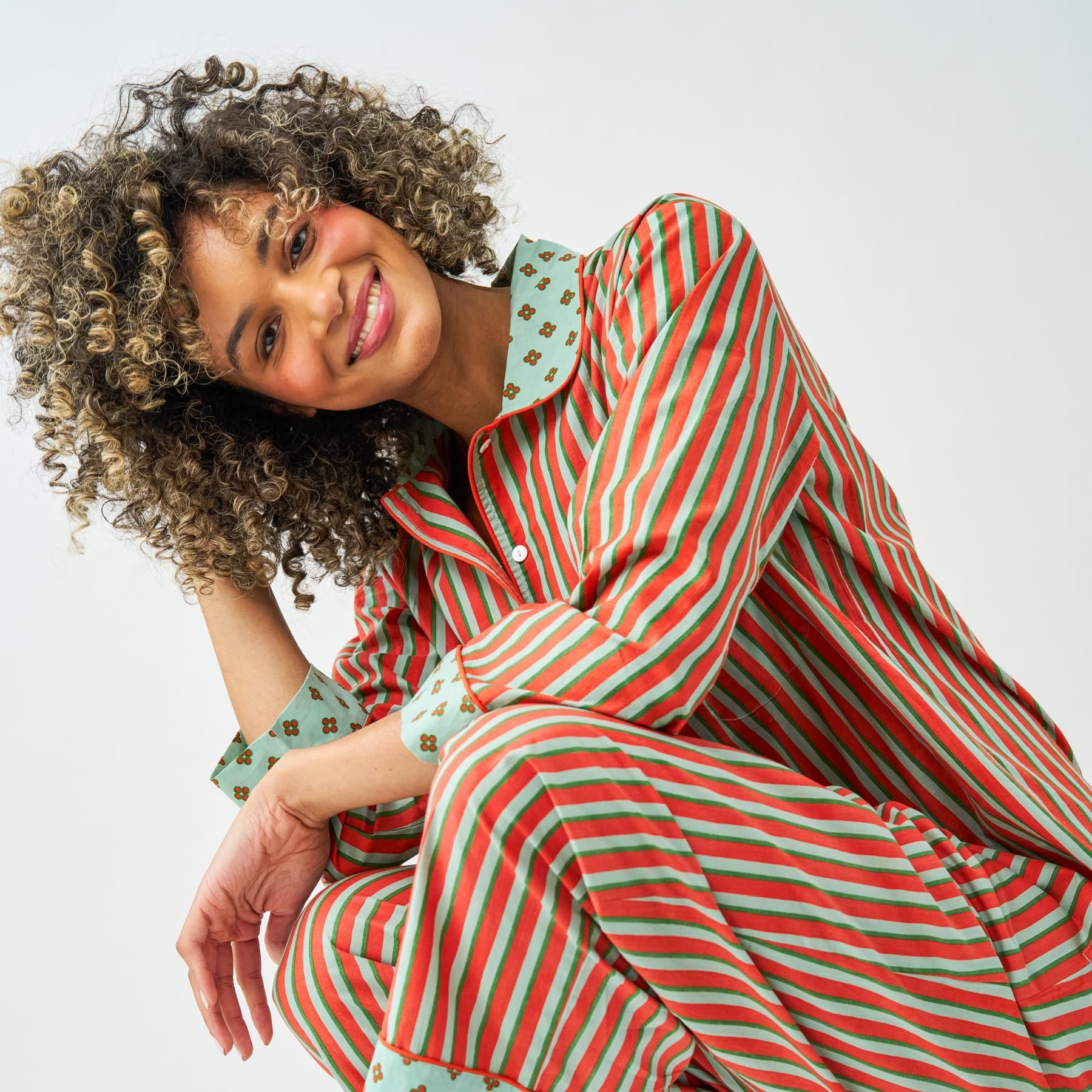 Bonnie Pajama Set Sage + Rust Stripes with Dot Trim Pajamas