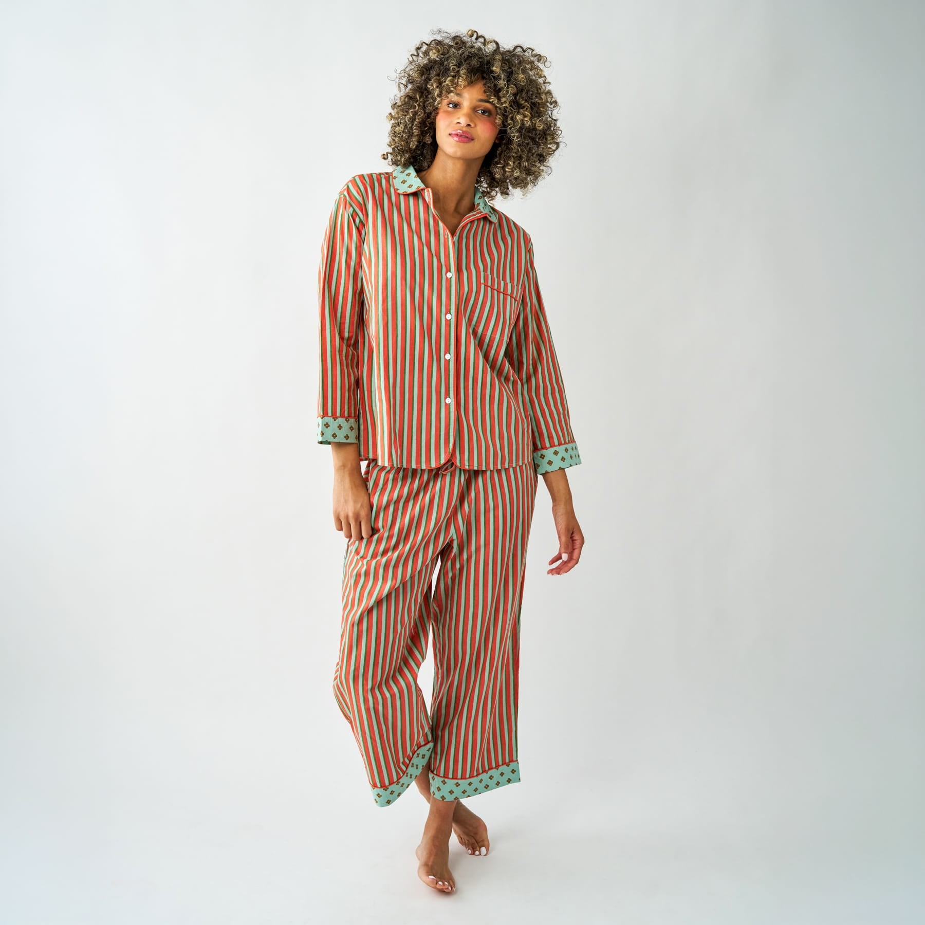 Bonnie Pajama Set Sage + Rust Stripes with Dot Trim Pajamas