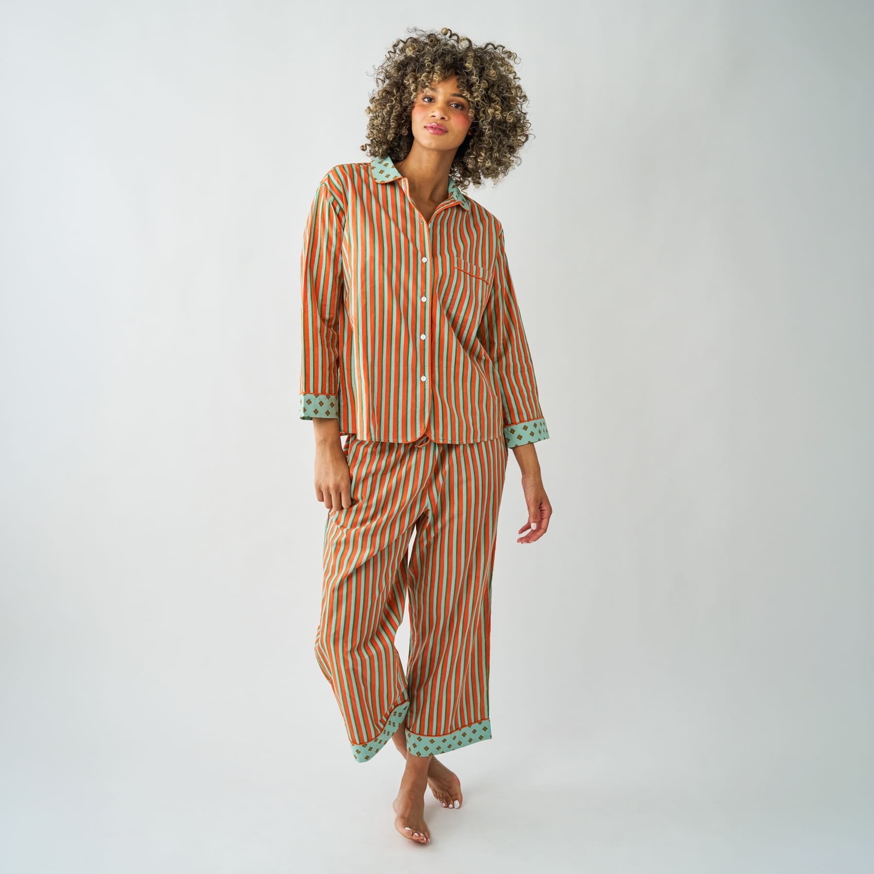 Bonnie Pajama Set Sage + Rust Stripes with Dot Trim Size Small Pajamas
