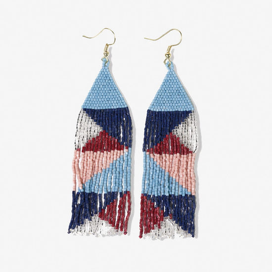 Brittany Mixed Triangles Beaded Fringe Earrings Navy + Silver LONG FRINGE