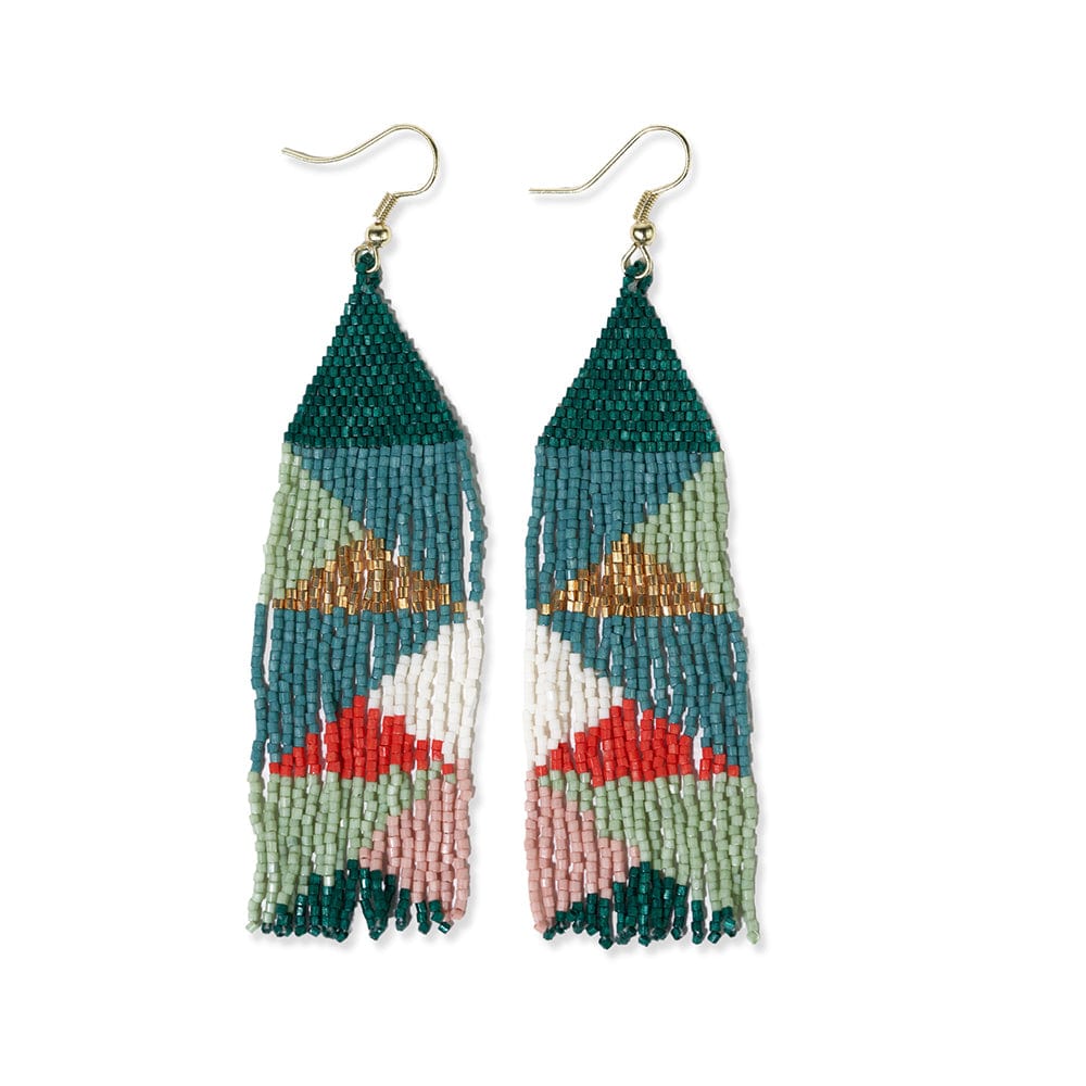 Load image into Gallery viewer, Brittany Mixed Triangles Beaded Fringe Earrings Teal + Poppy LONG FRINGE
