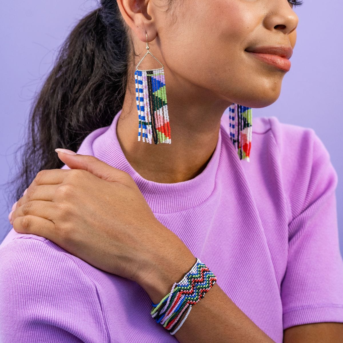 Load image into Gallery viewer, Brooke Mixed Checks And Triangles Beaded Fringe Earrings Rio
