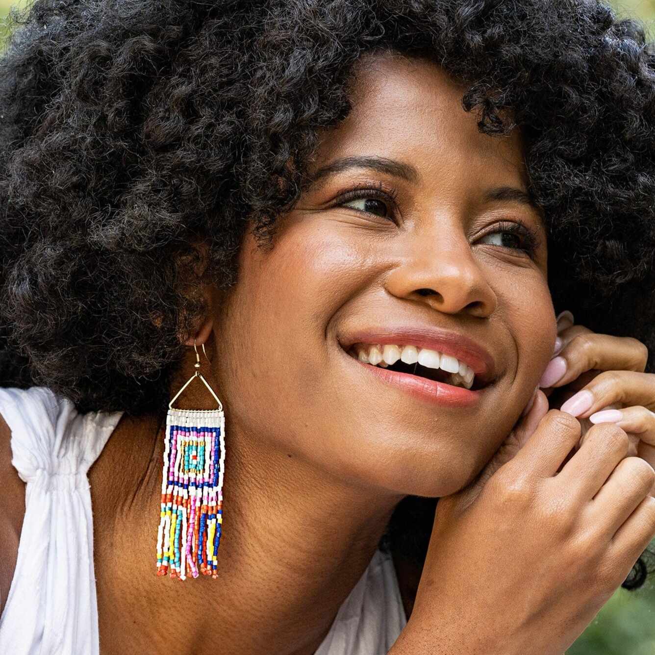 Brooke Squares Beaded Fringe Earrings Neon White INK+ALLOY, LLC