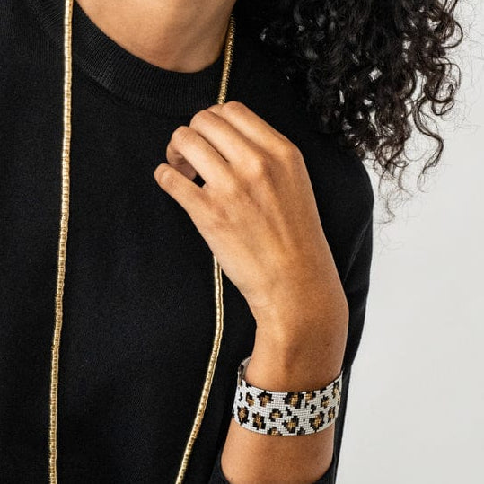 Brooklyn Cheetah Print Beaded Stretch Bracelet Ivory, Gold, + Black Stretch