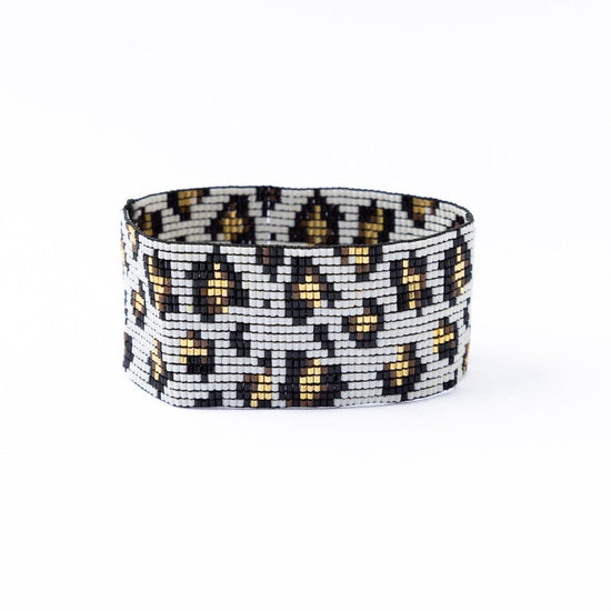 Brooklyn Cheetah Print Beaded Stretch Bracelet Ivory, Gold, + Black Stretch