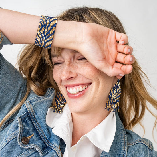 Brooklyn Tiger Print Beaded Stretch Bracelet Navy Stretch