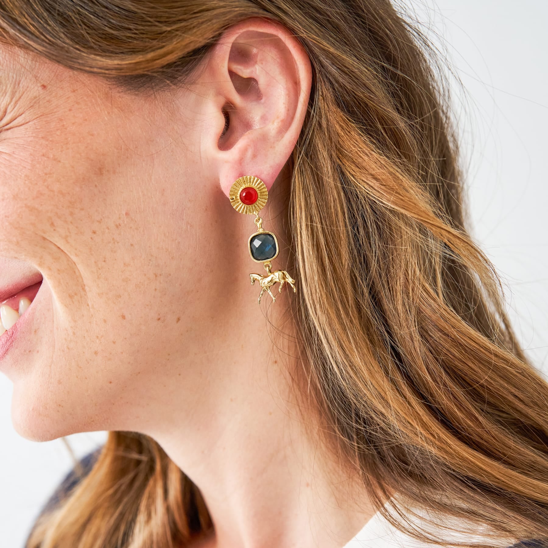 Calliope Horse Glass + Carnelian Stone Earrings Brass Dangle