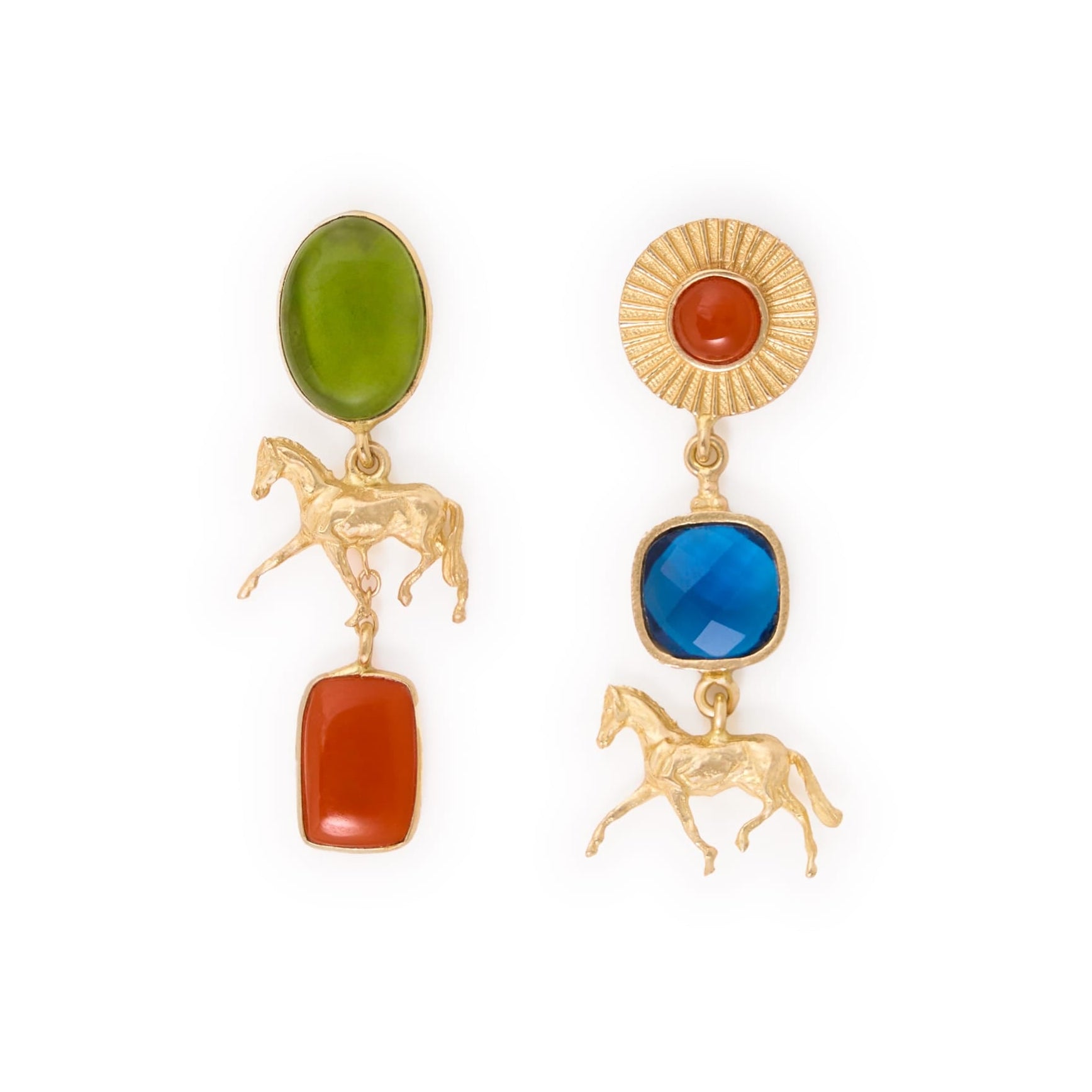 Calliope Horse Glass + Carnelian Stone Earrings Brass Dangle