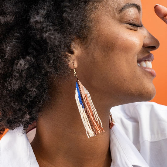 Camielle Abstract Stripe Beaded Fringe Earrings Rust + Lapis Fringe Earrings