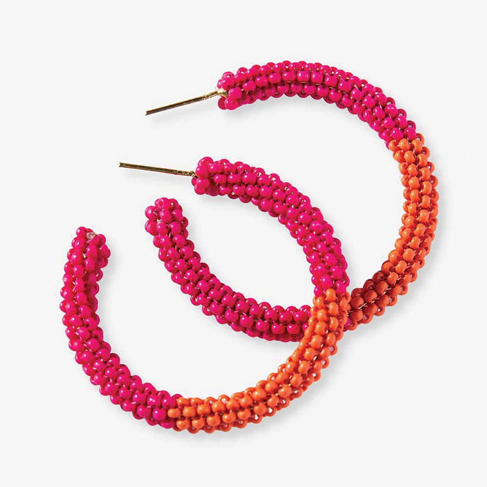Cammy Color Block Beaded Hoop Earrings Hot Pink + Coral Earrings