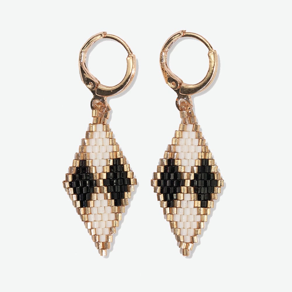 Carmen Mini Gold Hoop Diamond Pattern Beaded Drop Earrings Black/White DROP