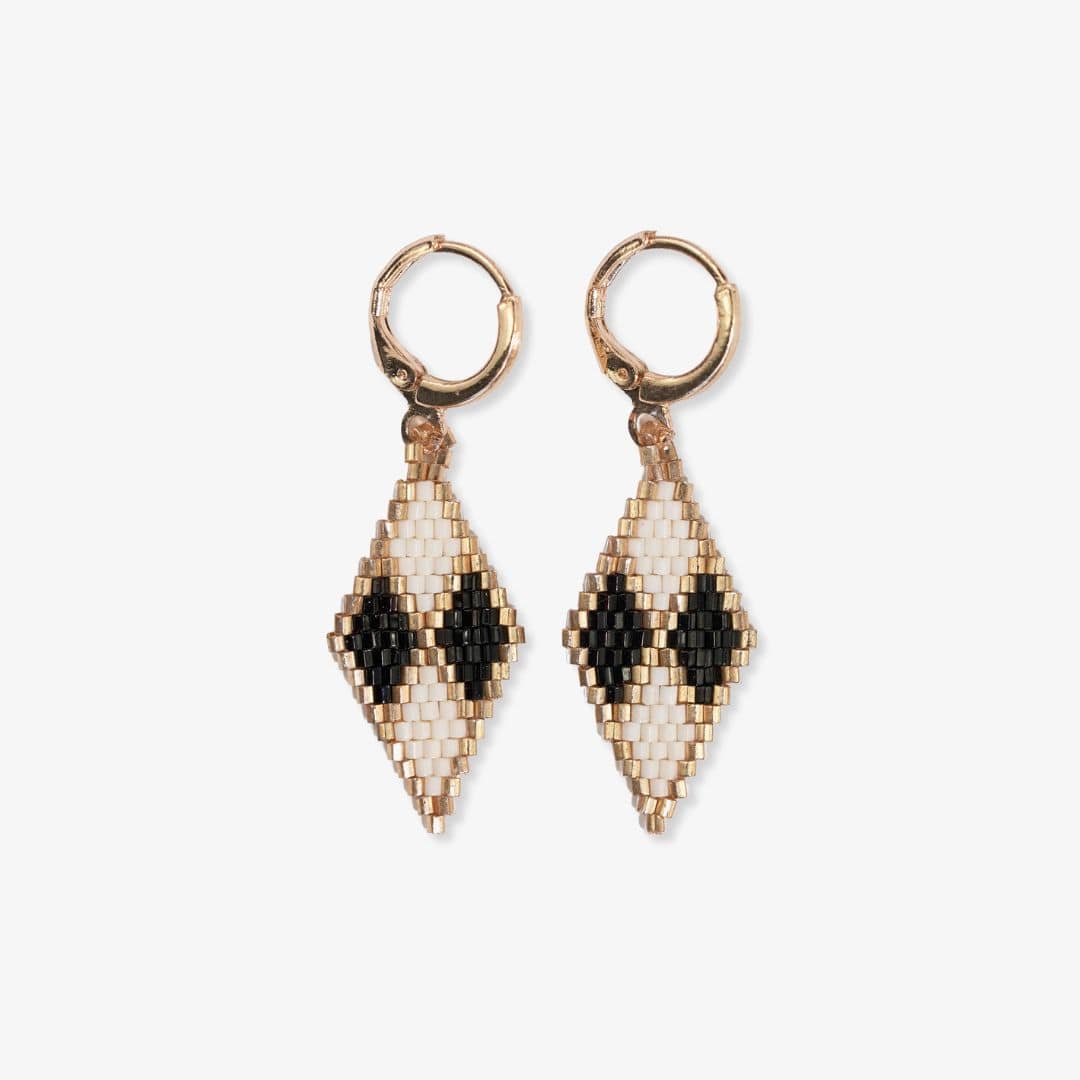 Carmen Mini Gold Hoop Diamond Pattern Beaded Drop Earrings Black/White DROP