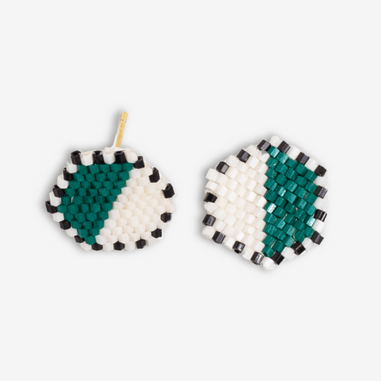 Casey Two Color Hexagon Post Beaded Earrings Bright Emerald/Ivory
