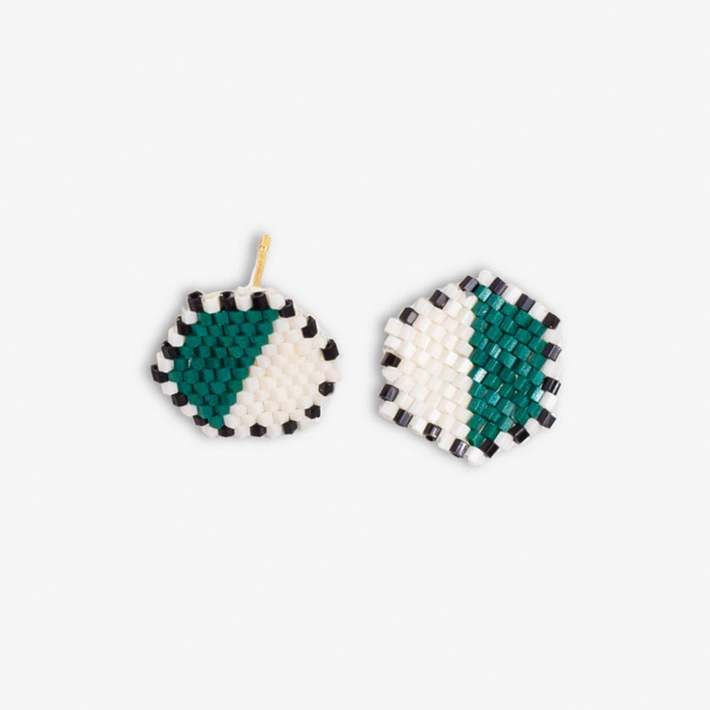 Casey Two Color Hexagon Post Beaded Earrings Bright Emerald/Ivory