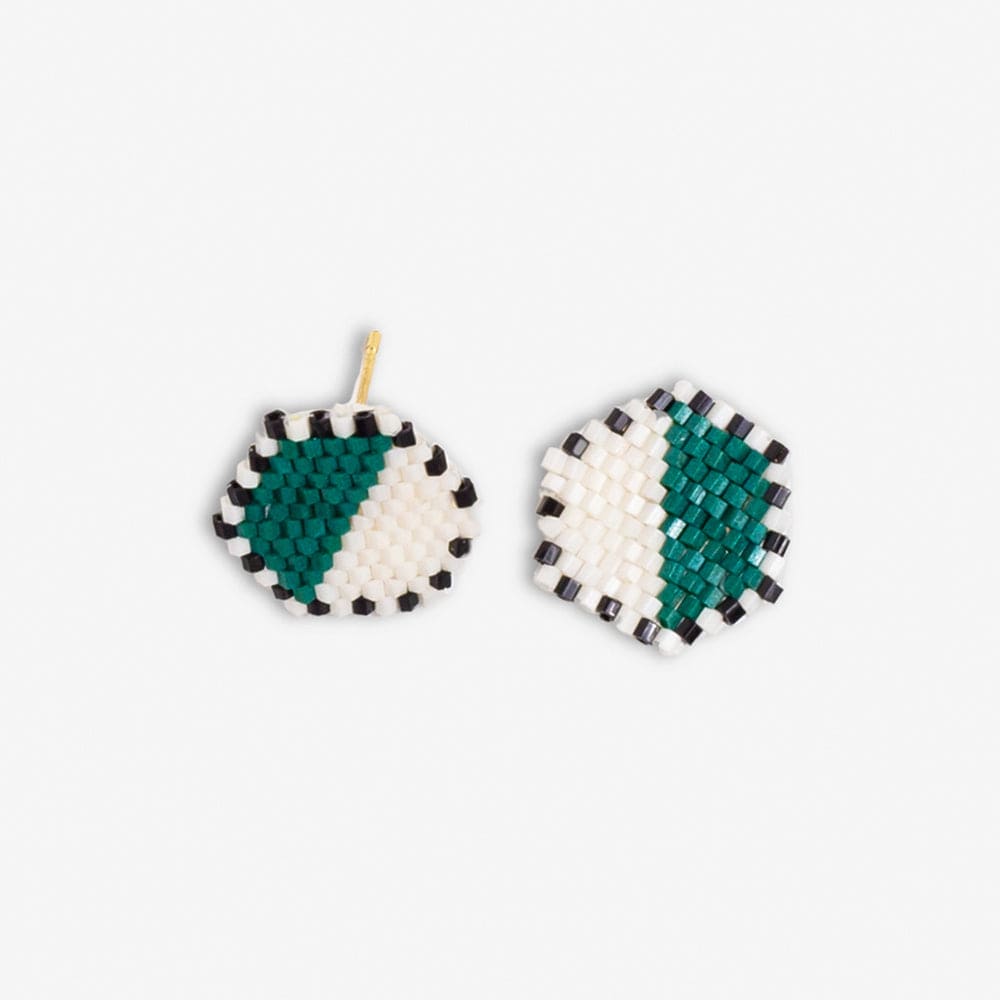 Casey Two Color Hexagon Post Beaded Earrings Bright Emerald/Ivory