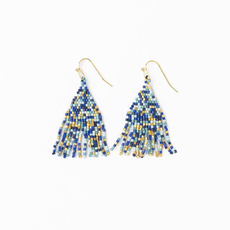 Cassie Mini Confetti Short Fringe Earrings Blue + Gold Fringe