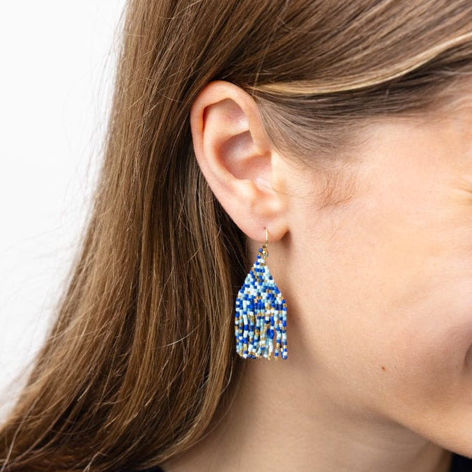 Cassie Mini Confetti Short Fringe Earrings Blue + Gold Fringe