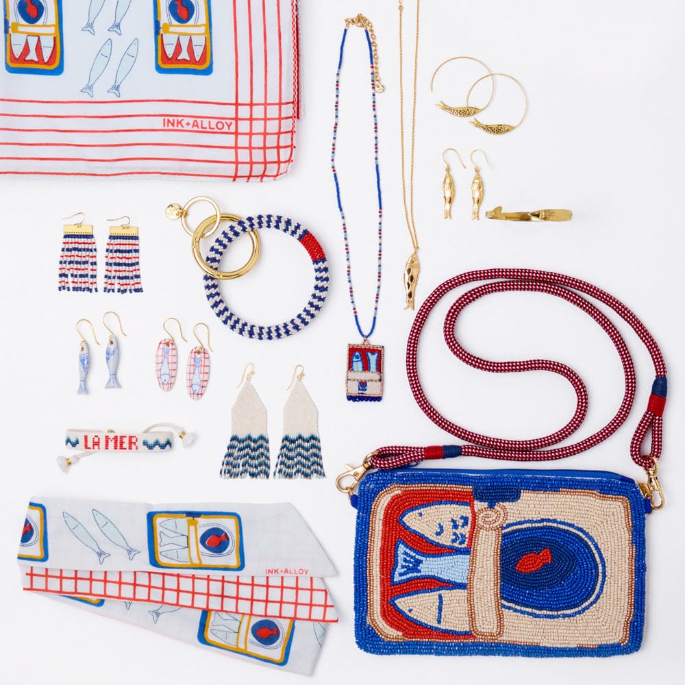 Chloe Small Stripe Beaded Key Ring Bracelet Navy, Ivory + Red Key Ring + Bag Charm