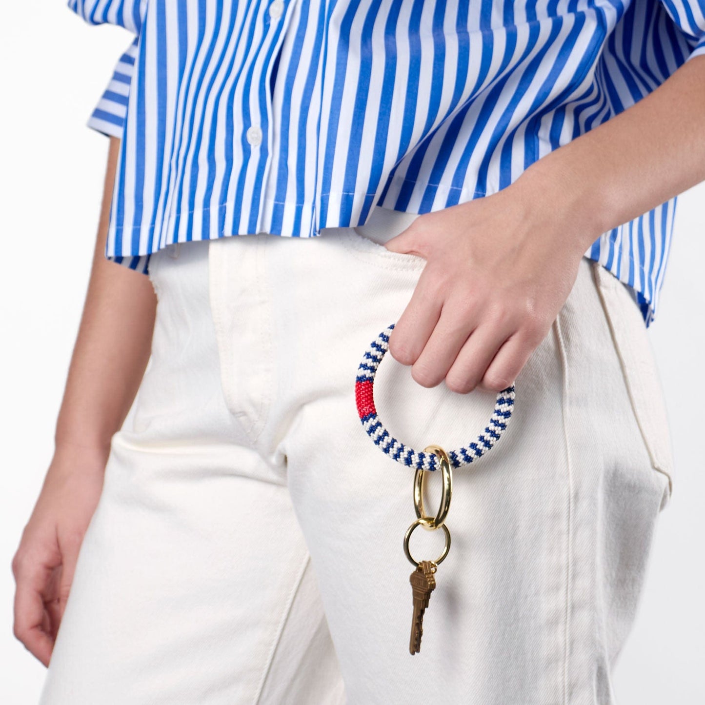 Chloe Small Stripe Beaded Key Ring Bracelet Navy, Ivory + Red Key Ring + Bag Charm