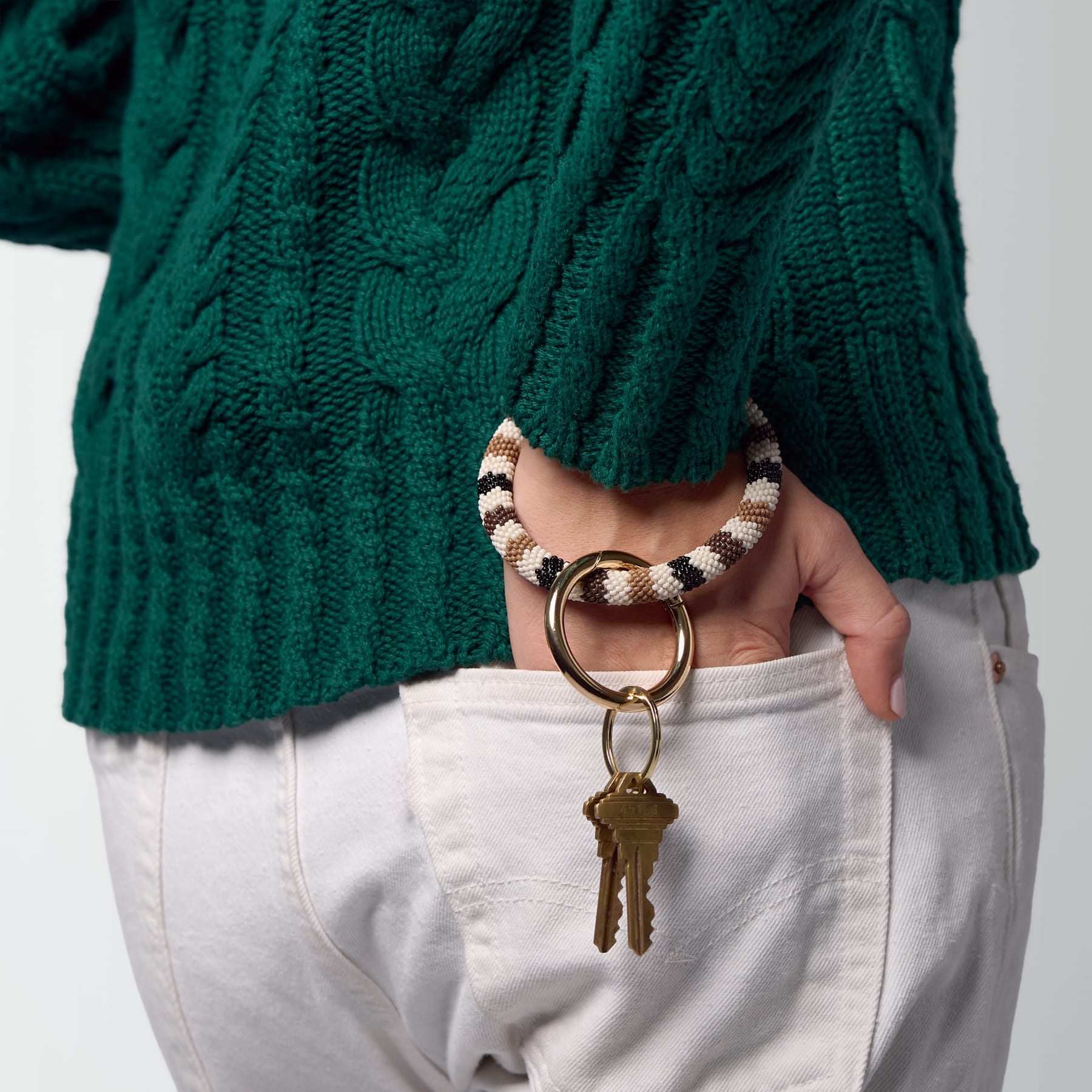 Chloe Stripe Beaded Key Ring Bracelet Neutral Key Ring