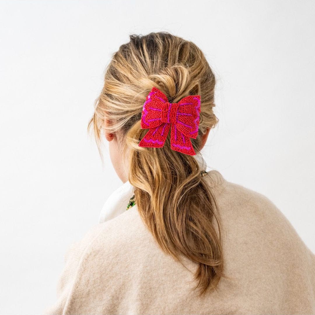 Clara Beaded Bow Barrette Red + Magenta Clip
