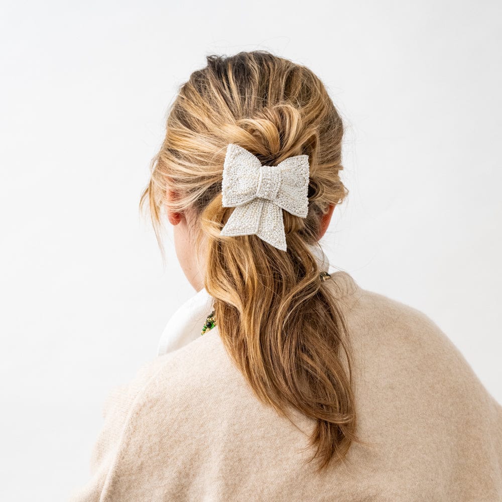 Clara Beaded Bow Barrette with Pearls White Clip