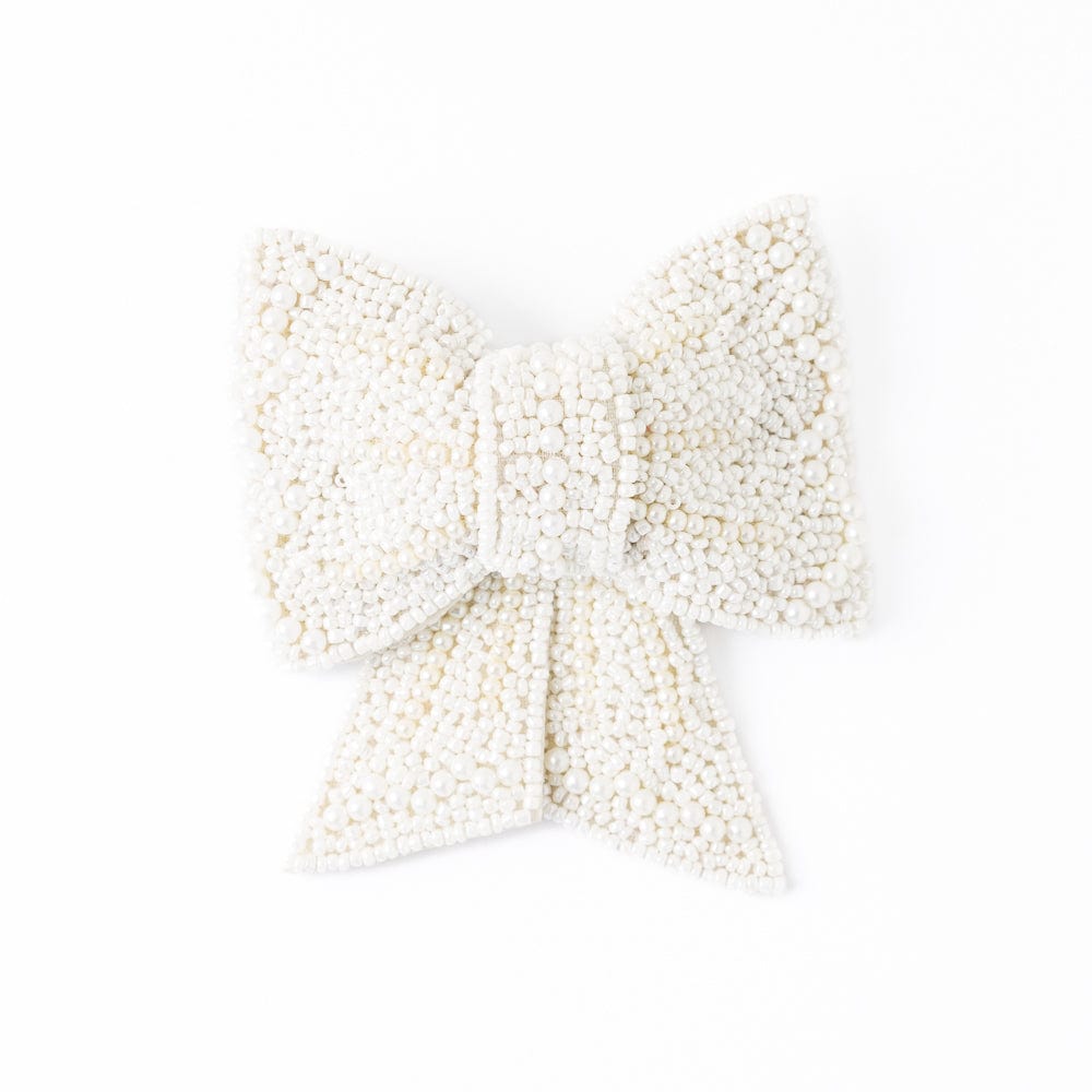 Clara Beaded Bow Barrette with Pearls White Clip