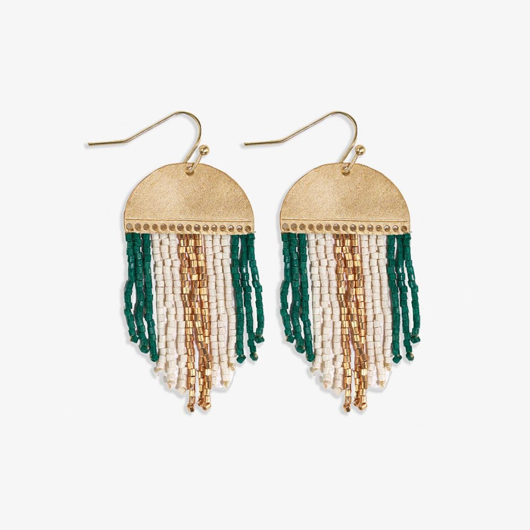 Claudia 3 Color Stripe Short Beaded Fringe Earrings Emerald Fringe Earrings