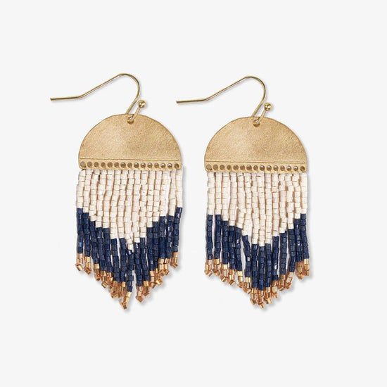 Claudia Curved Pattern Short Beaded Fringe Earrings Navy Fringe Earrings