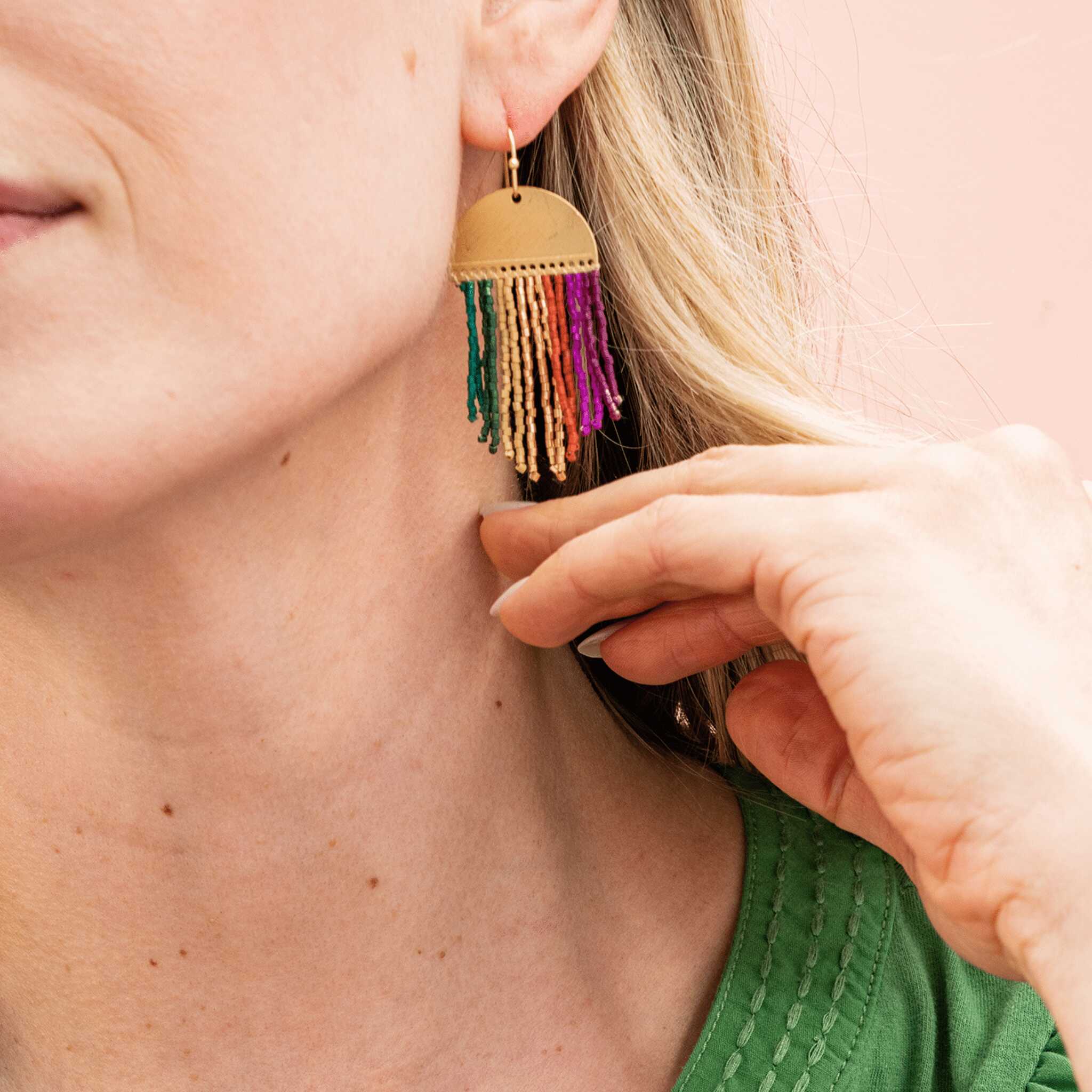 Claudia Multi-Striped Short Beaded Fringe Earrings Muted SHORT FRINGE
