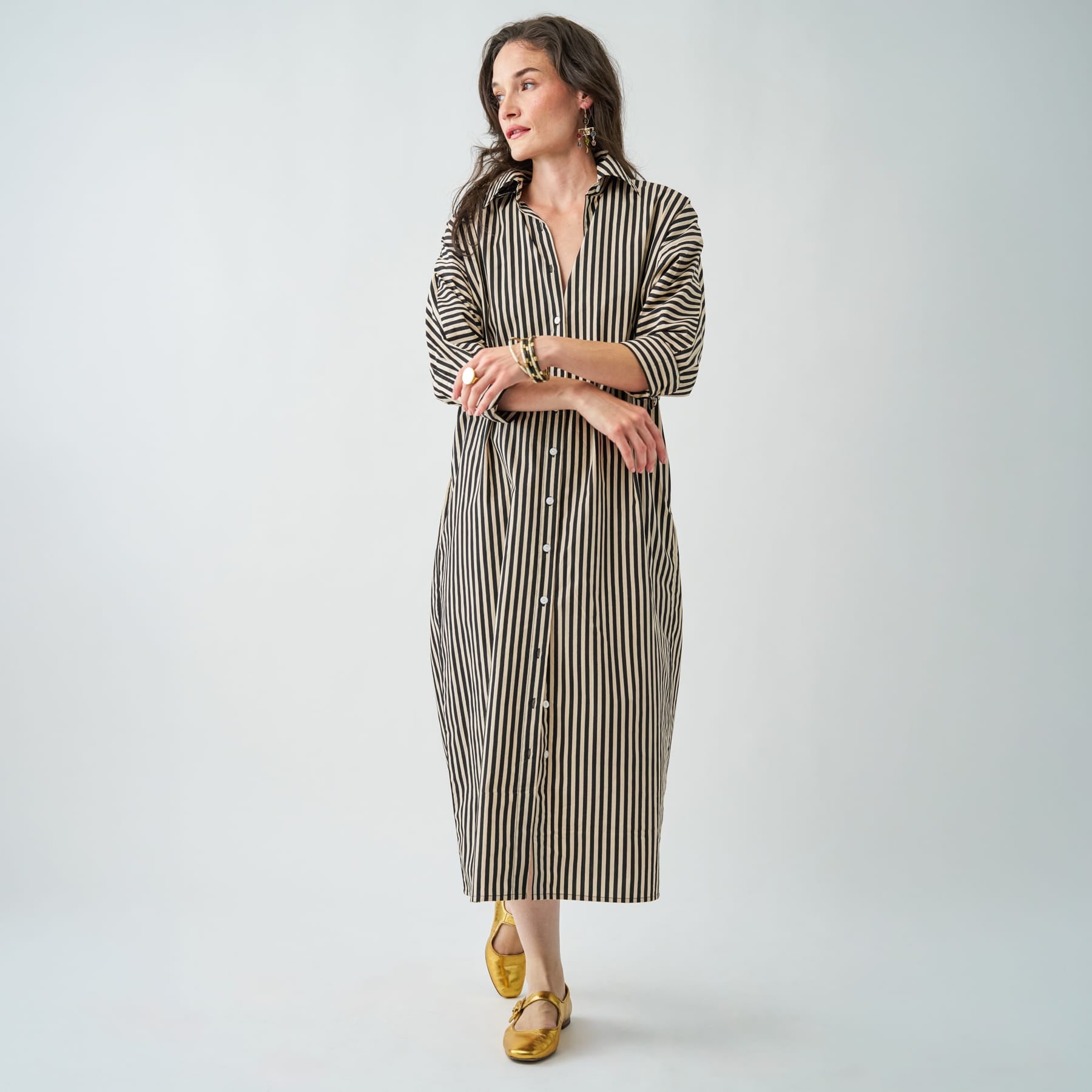 Colette Shirtdress In Black + Cream Stripe S/M Dress