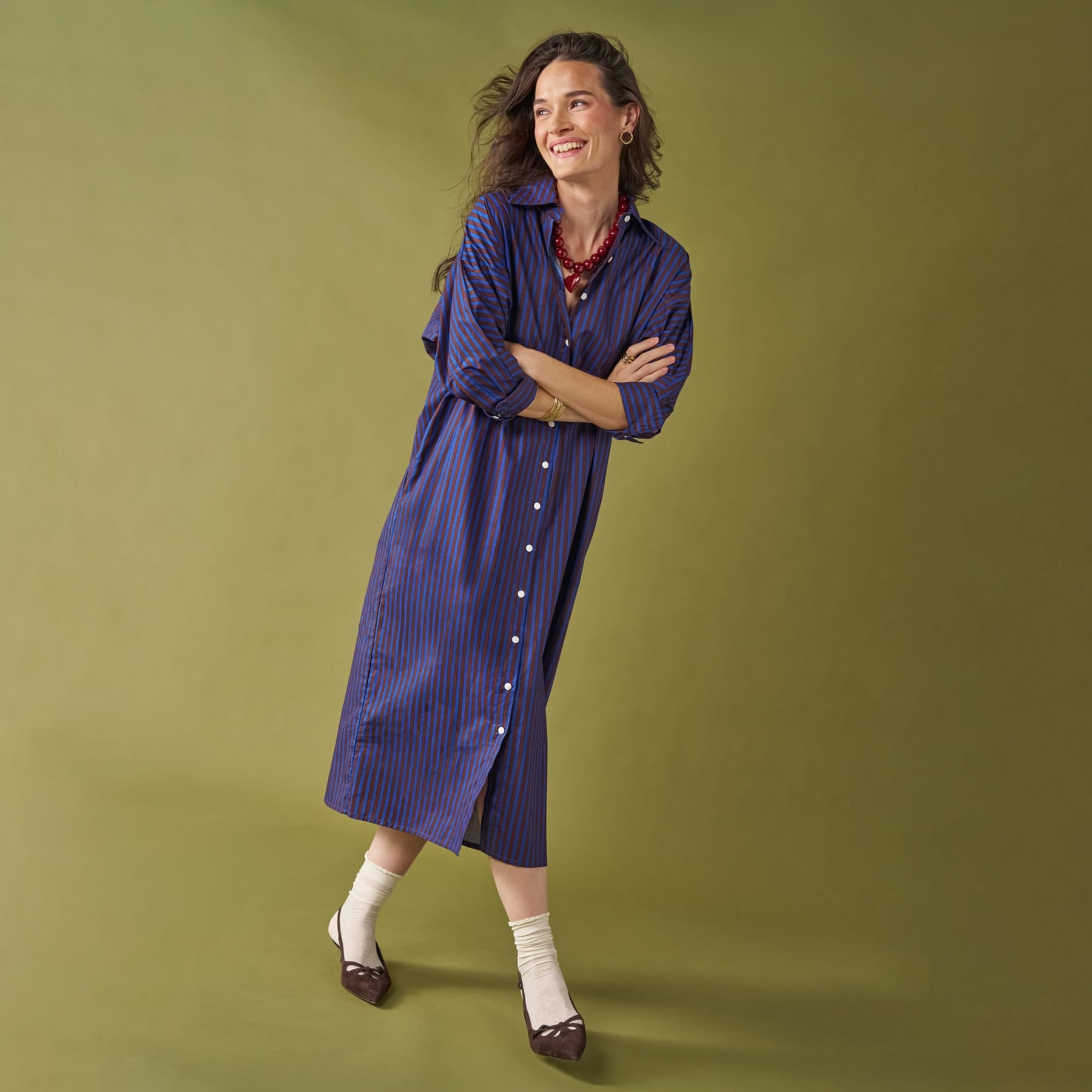 Colette Shirtdress In Blue + Brown Stripe Dress