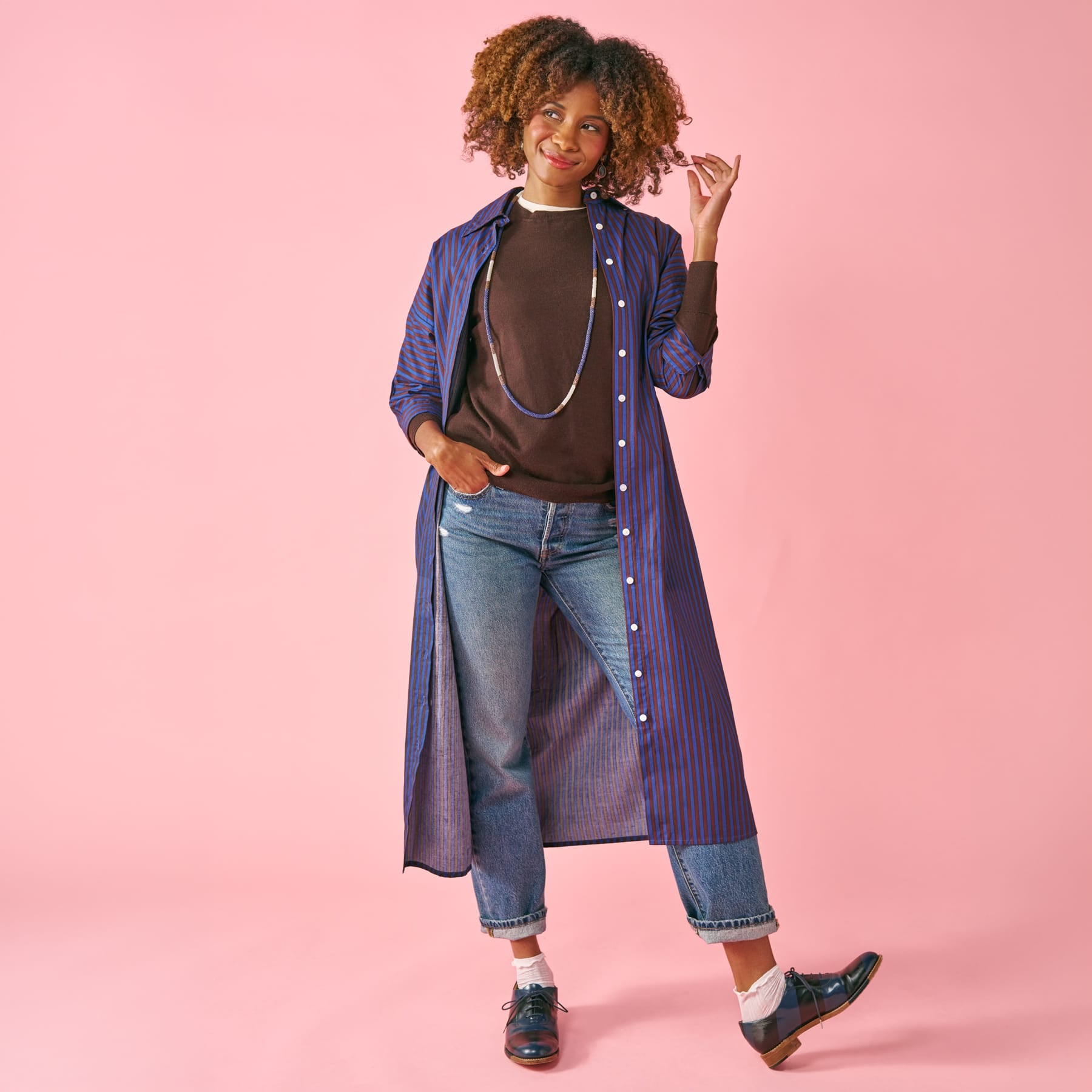 Colette Shirtdress In Blue + Brown Stripe Dress