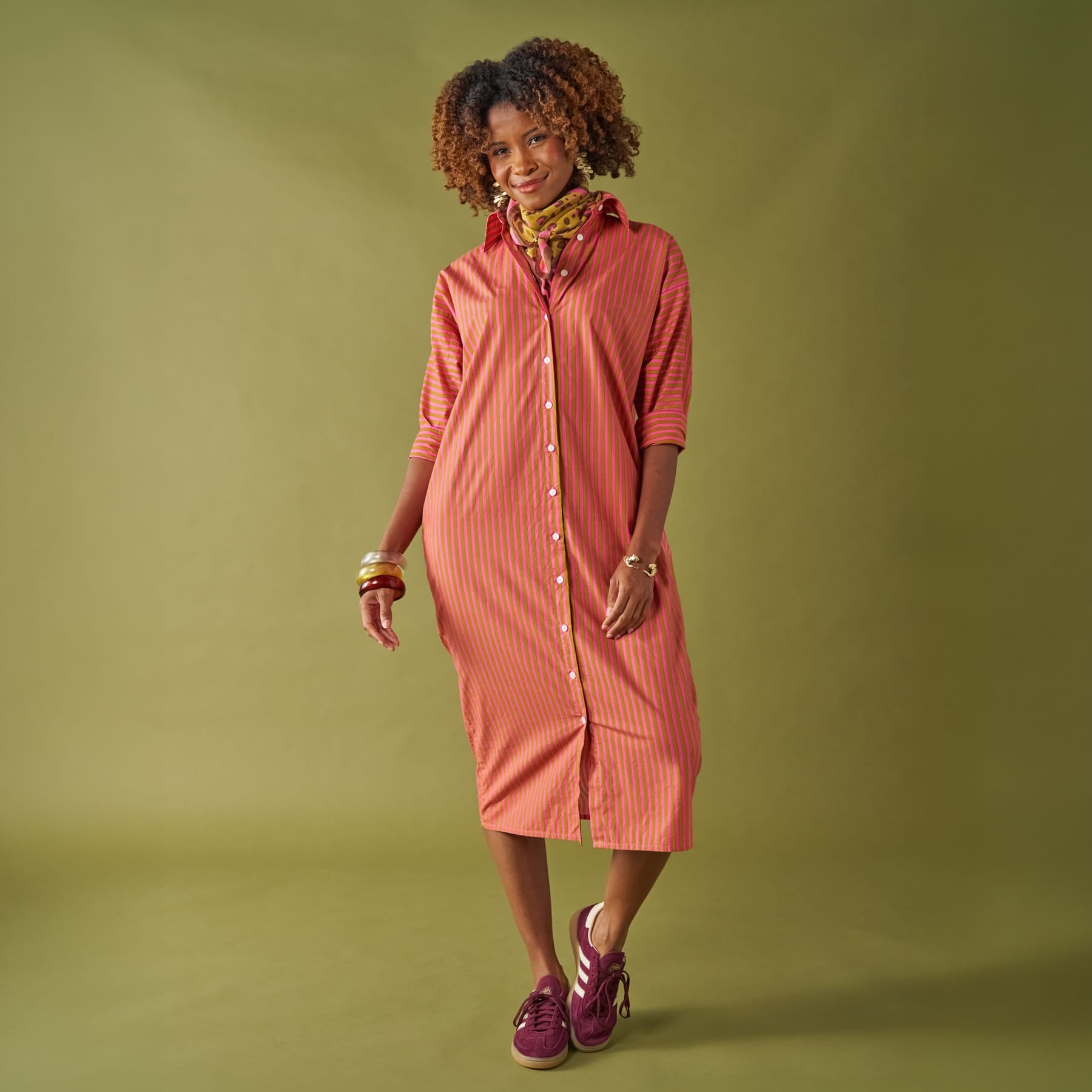 Colette Shirtdress In Camel + Hot Pink Stripe Dress