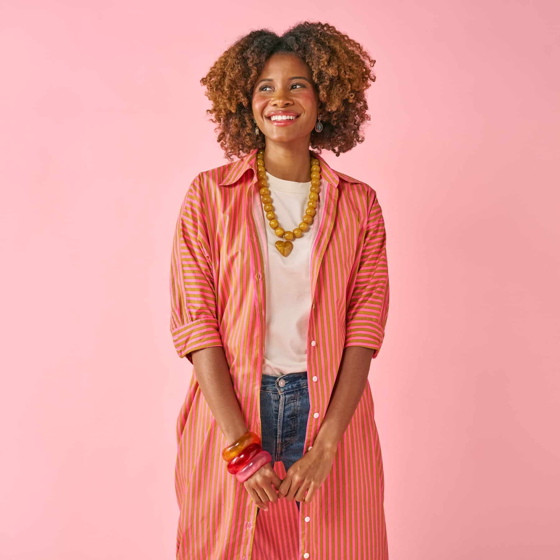 Colette Shirtdress In Camel + Hot Pink Stripe Dress