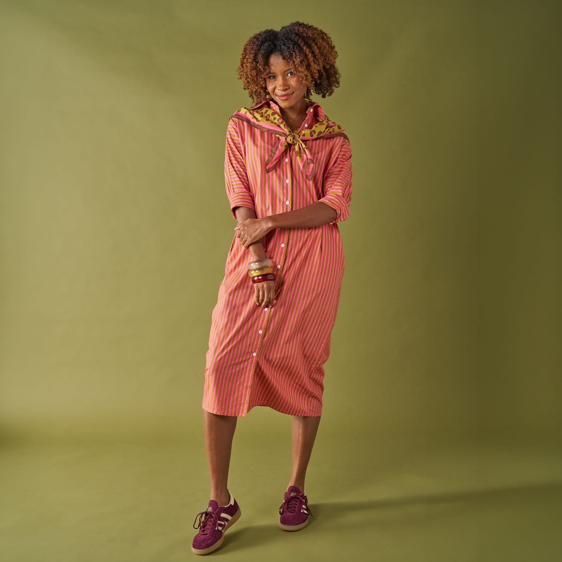Colette Shirtdress In Camel + Hot Pink Stripe Dress