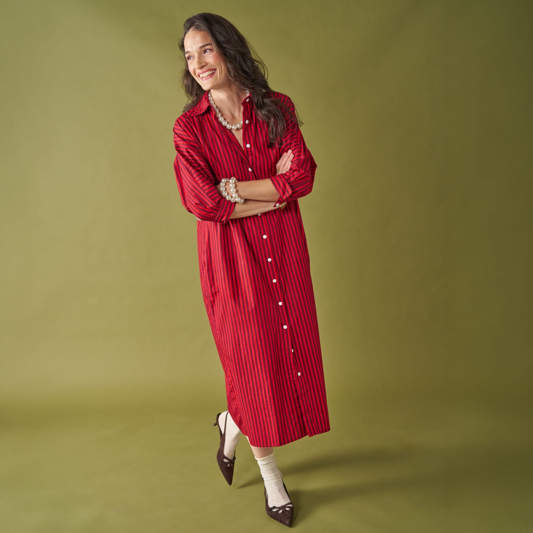 Colette Shirtdress In Port + Red Stripe L/XL Dress
