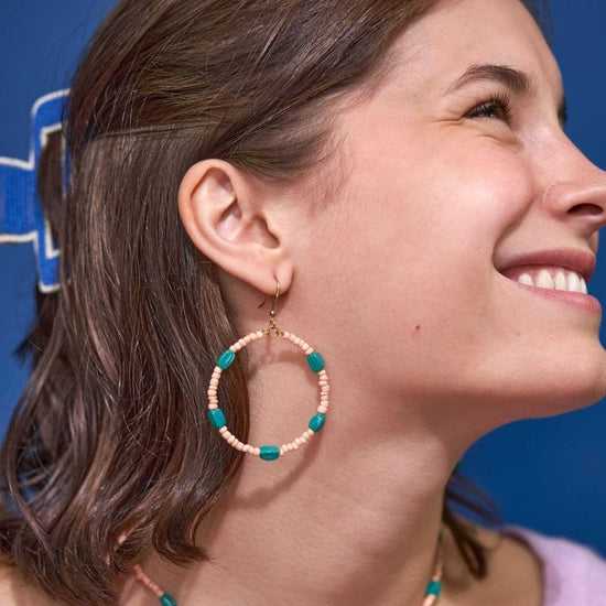 Courtney Alternating Beaded Hoop Earrings Light Pink and Green Earrings