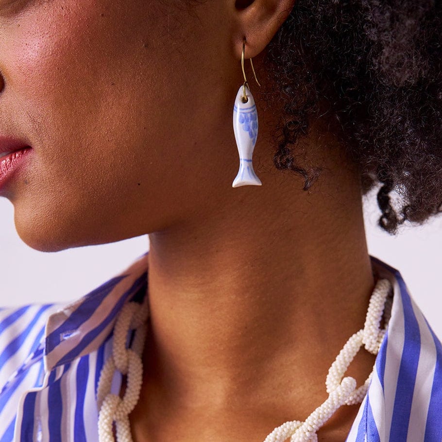 Danielle Fish Ceramic Earrings Blue + White Dangle