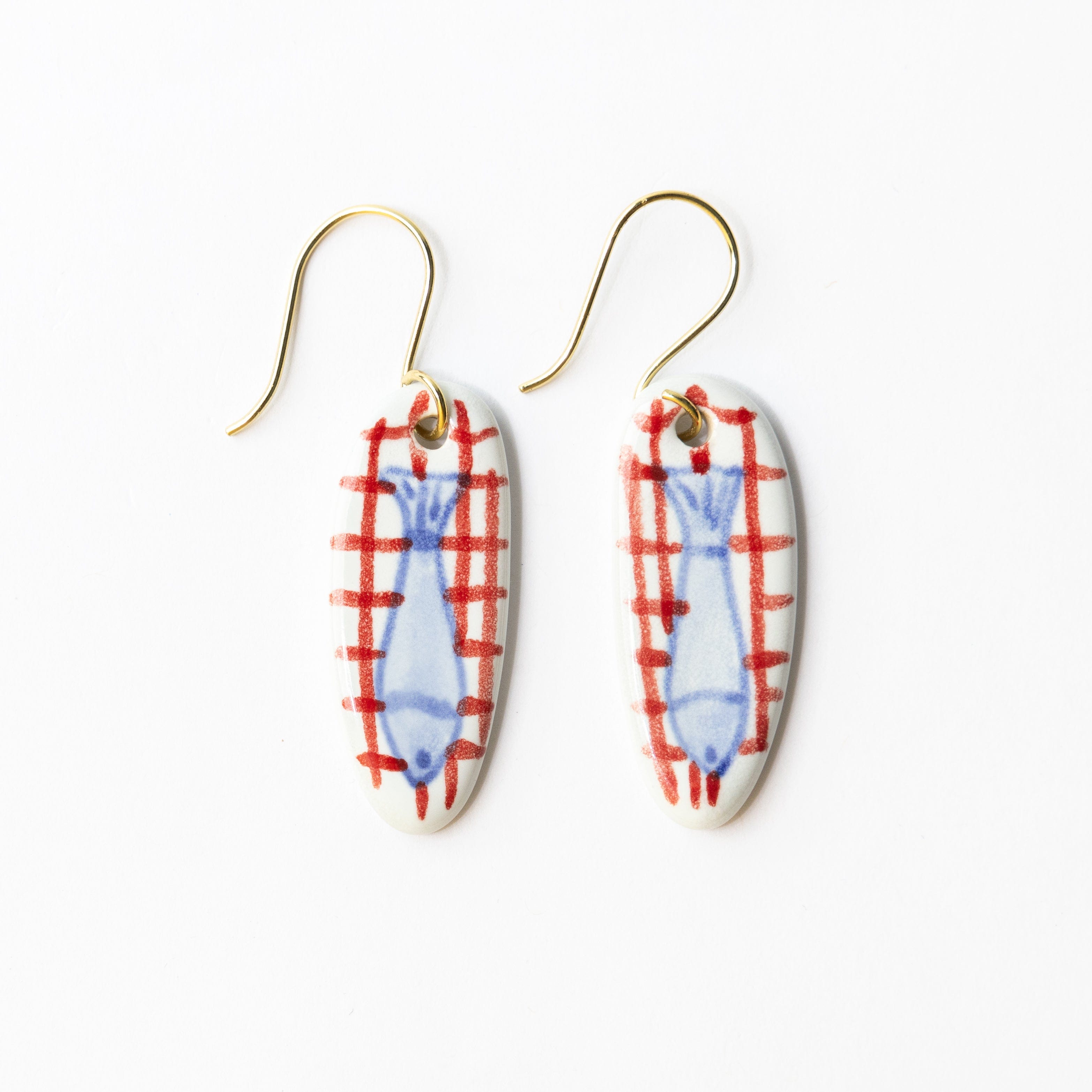 Danielle Oval Ceramic Earring With Fish And Red Plaid Drop
