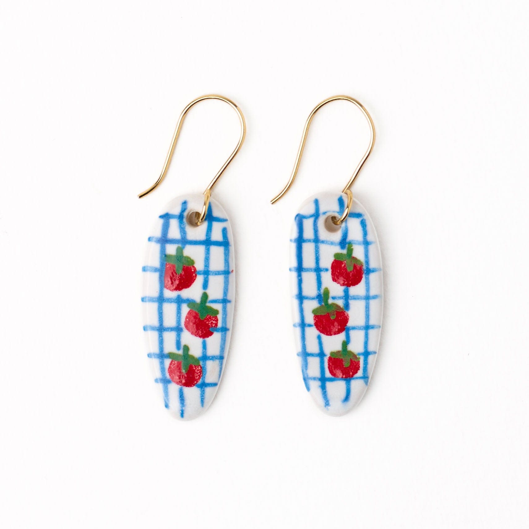 Danielle Oval Ceramic Earrings With Tomatoes + Blue Plaid Dangle