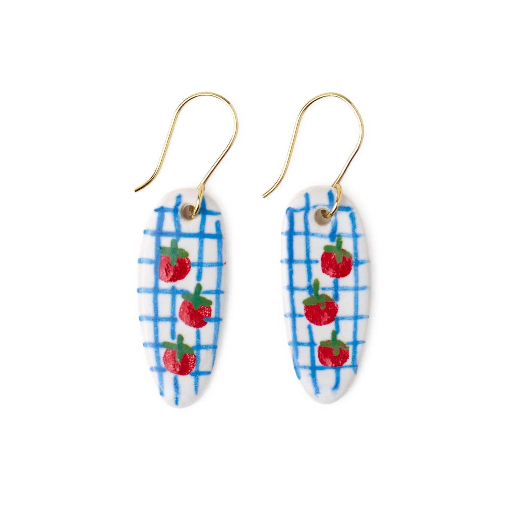 Danielle Oval Ceramic Earrings With Tomatoes + Blue Plaid Earrings
