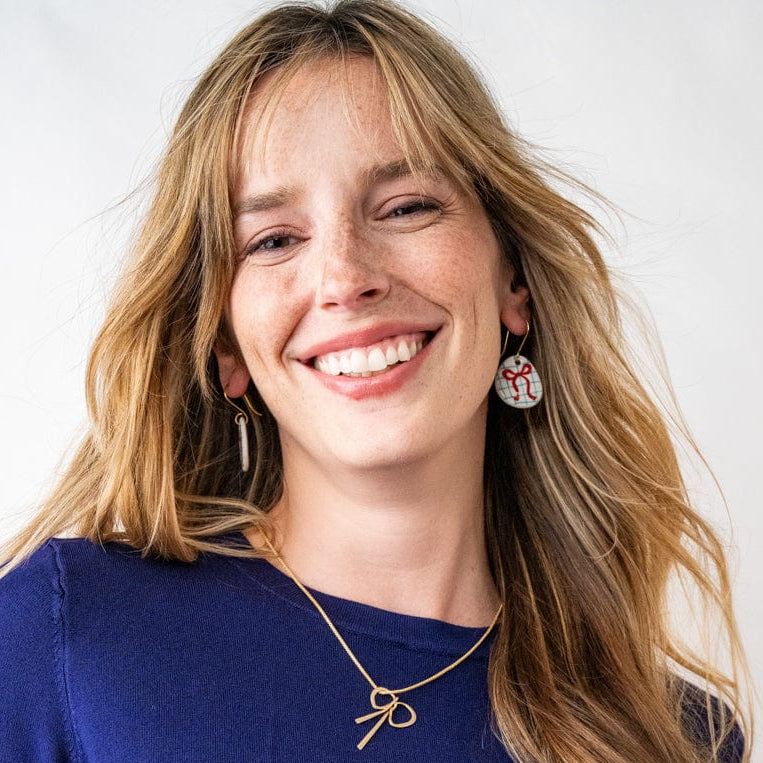 Danielle Round Ceramic Earrings With Bow And Blue Plaid Drop