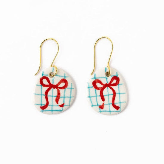 Danielle Round Ceramic Earrings With Bow And Blue Plaid Drop